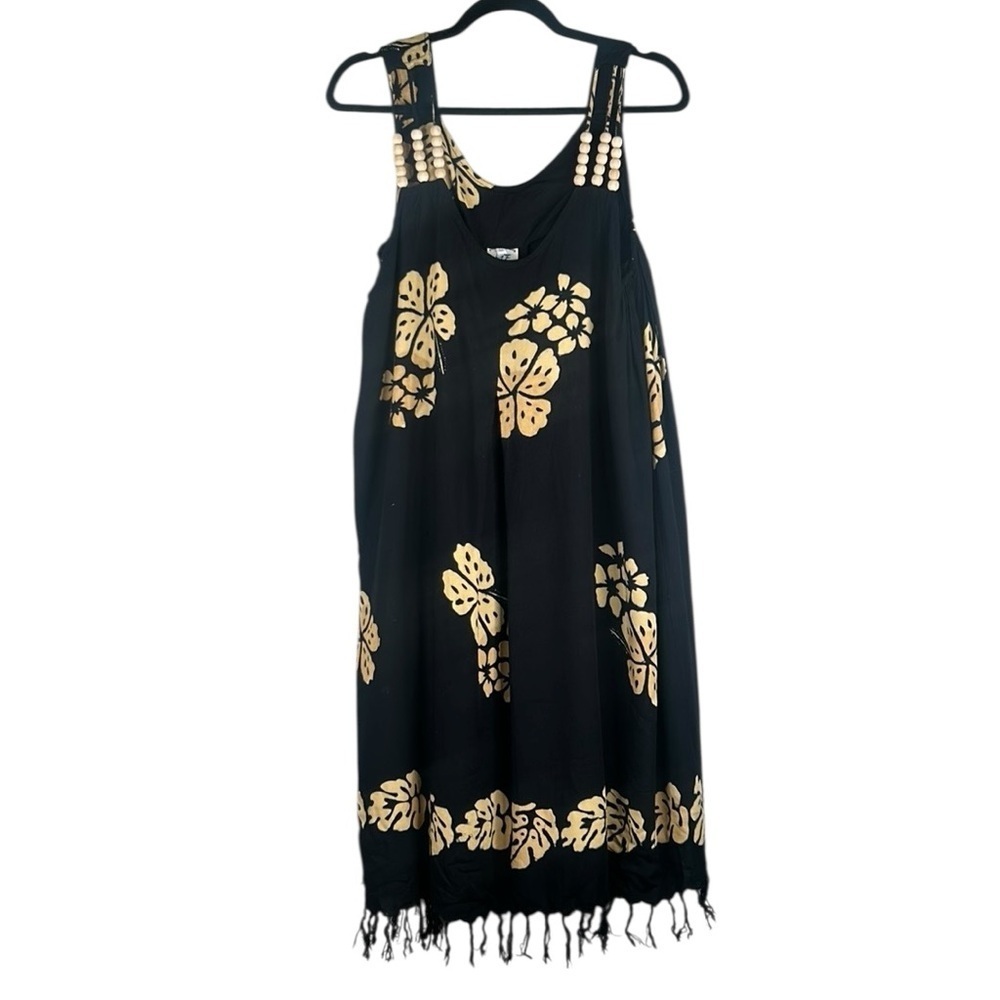 Young Fashion Black & Tan Tropical Hawaiian Vacation Travel Dress Size Large